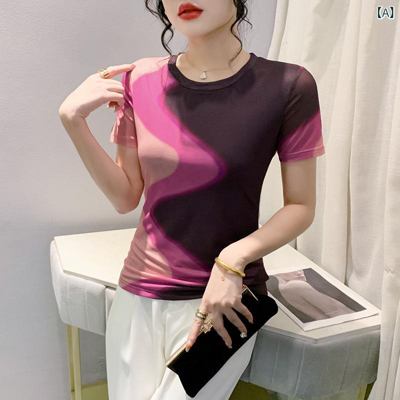 Tシャツ レディース 春夏 クルーネック 半袖 メッシュ シアー 幾何学柄 デジタルプリント スリムフィット 細見え カットソー オフィス 通勤 カジュアル