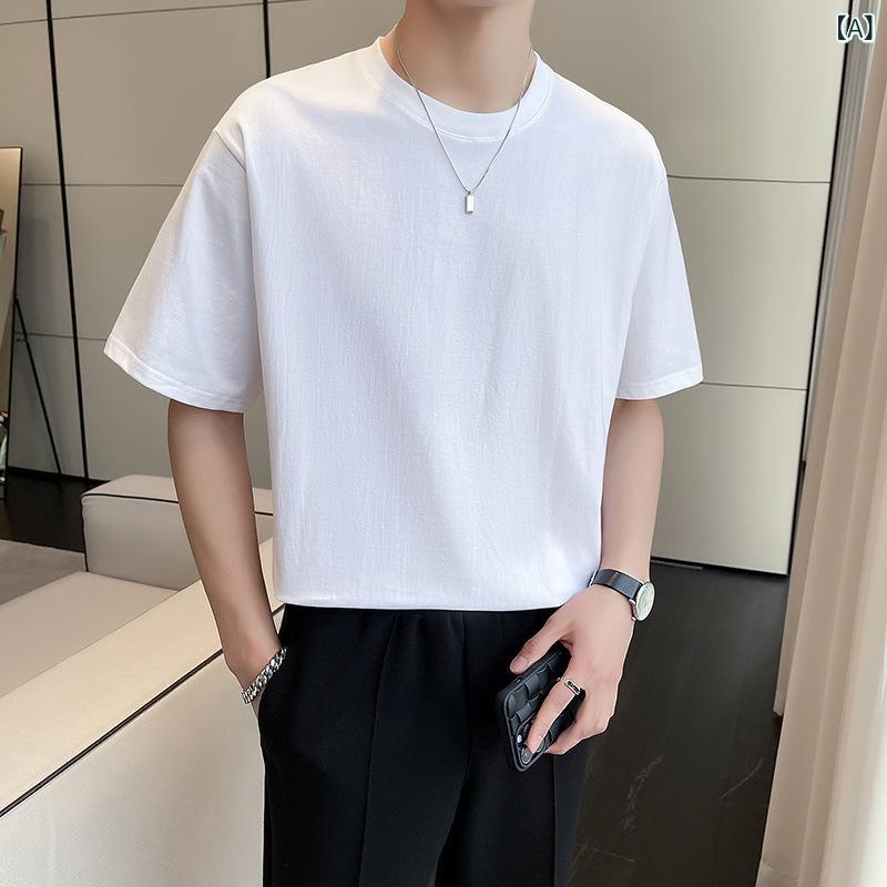 Tシャツ メンズ 男性用 半袖 ショートスリーブ クルーネック 丸首 無地 コーマ綿 コットン 綿 通気性 吸湿速乾 ややゆったり リラックスフィット 夏 インナー 重ね着 普段使い カジュアル ホワイト ブラック