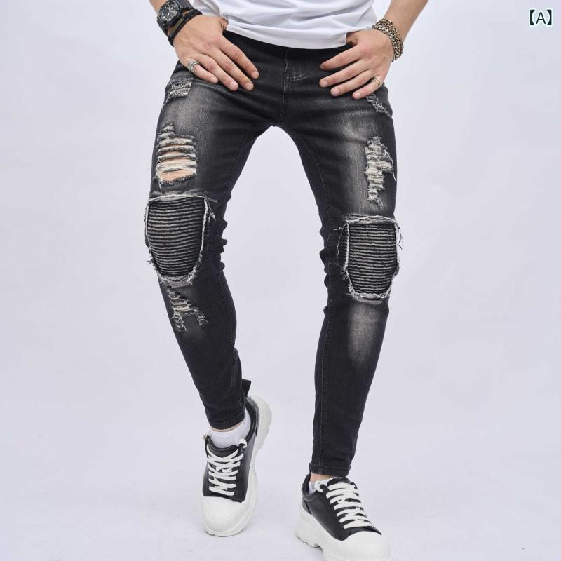 デニムパンツ メンズ 膝ダメージ加工 クラッシュ スキニー スリムフィット 細身 ストレッチ 伸縮性 バイカー ライダース ウォッシュ加工 綿素材 カジュアル ジーンズ