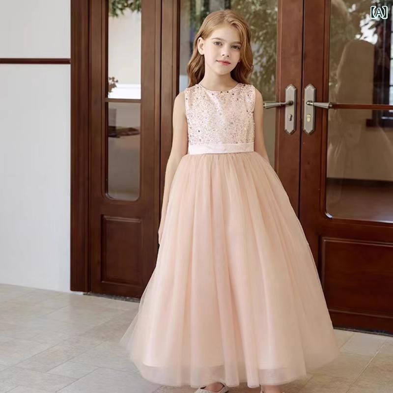 ドレス 女の子 プリンセス フォーマル ロング丈 発表会 演奏会 結婚式 フラワーガール 10歳 誕生日 記念日 パーティー コンクール 舞台 シャンパンカラー プリーツ 上品 エレガント かわいい ポリエステル