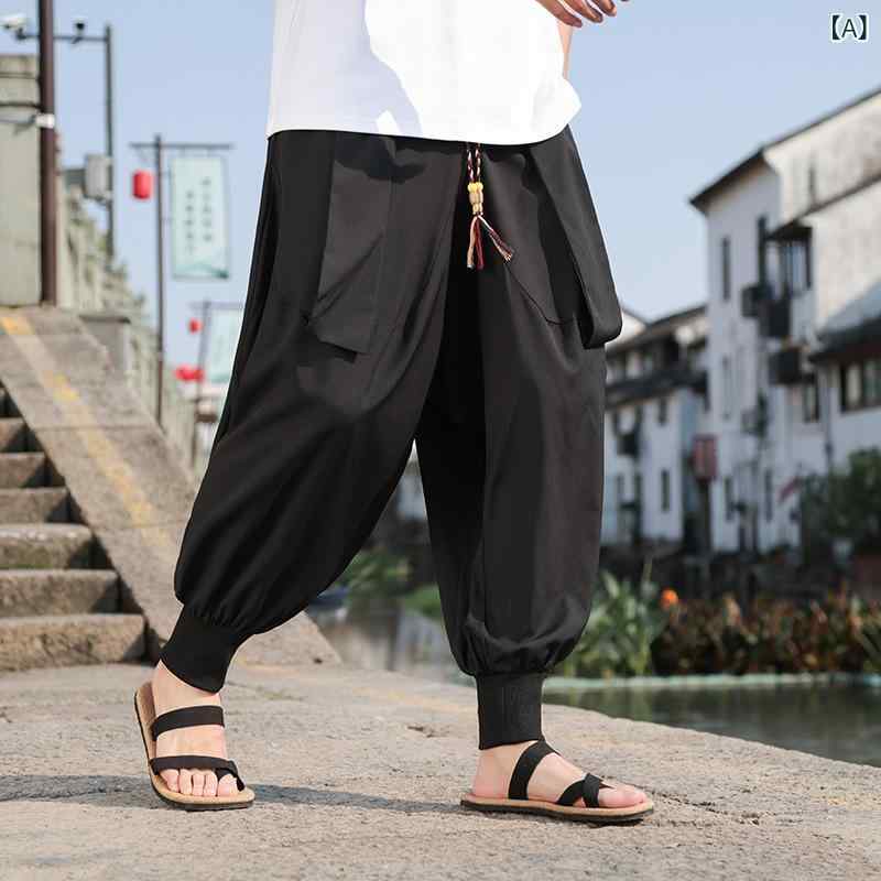 サルエルパンツ メンズ 春夏 新中華風 エスニック 個性的 接触冷感 ゆったり ルーズ ワイド ヒップホップ ストリート テーパード ハーレム 薄手 ストレッチ ポリエステル ブラック 普段使い
