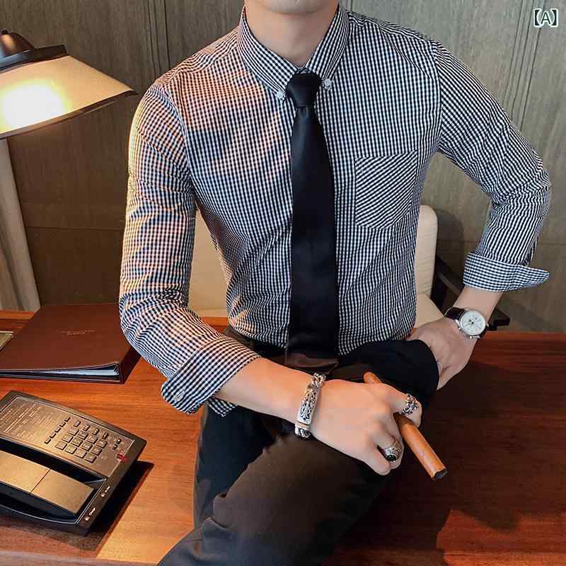 シャツ メンズ 男性用 長袖 チェック柄 スリムフィット 襟付き 綿混紡 ポリエステル ウォッシャブル 耐久性 英国風 韓国風 カジュアル きれいめ 普段使い 通年 オールシーズン ブルー ブラック レッド 着回し 万能 4,994円