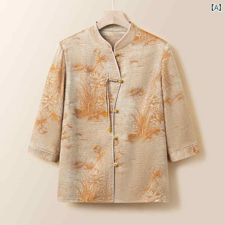 半袖Tシャツ ミセス レディース ママ 中高年女性 夏 ゆったり リラックスフィット カジュアル 普段使い お出かけ チャイナ風 中華風 植物花柄 快適 ポリエステル カットソー イエロー ホワイト