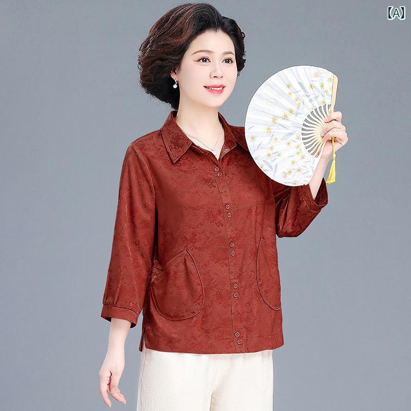 シャツ レディース ミセス 大人 ポロ襟 七分袖 切り替え プリント柄 ゆったり 薄手 体型カバー 着痩せ トップス カジュアル 上品 レトロ ポリエステル レッド 夏 通勤 オフィス 普段使い