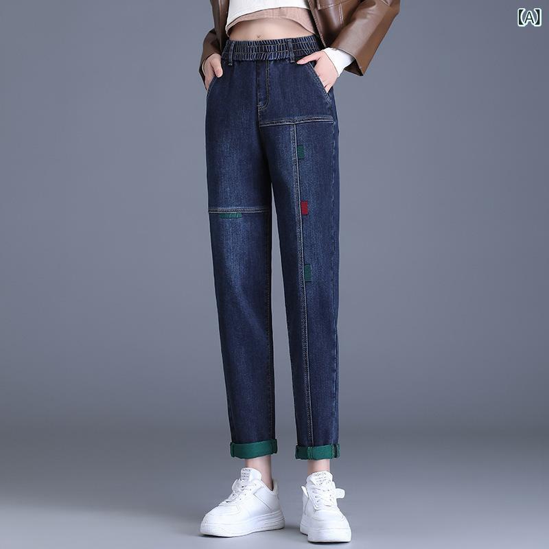 デニムパンツ レディース 秋冬 裏起毛 ハイウエスト ウエストゴム スリムテーパード 細身 細見え 快適 ストレッチ 美脚 スタイルアップ ジーンズ ボトムス カジュアル デイリー コットン ブルー ブラック|ラ・グラーヌ