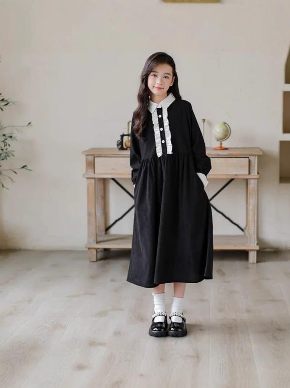 ワンピース 女の子 ジュニア フレンチ レトロ 配色切り替え ゆったり 長袖 ロング丈 レースフリル プリーツスカート 細見え コーデュロイ ブラック 秋
