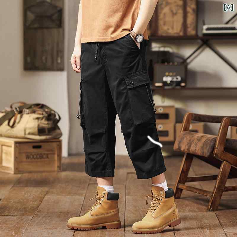 カーゴパンツ メンズ ストレッチ ゆったり ルーズフィット シンプル 着回し アンクル丈 ストレート 多ポケット 綿 無地 カジュアル 通気性 春夏