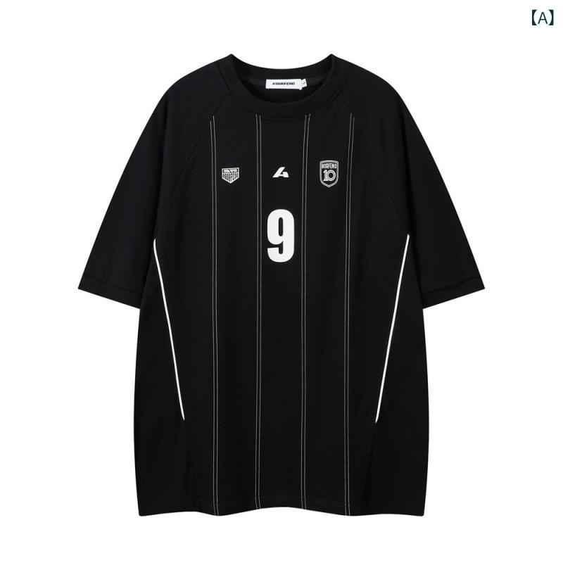 Tシャツ メンズ 男性用 9番 縦ストライプ柄 半袖 ラグランスリーブ クルーネック 丸首 コットン 綿 ゆったり ルーズ ストリート カジュアル スポーツ トレンド 春夏 トップス ブラック オフホワイト