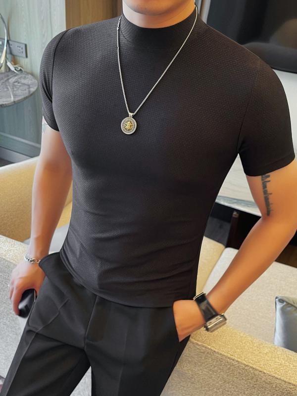 Tシャツ メンズ 男性用 トップス カットソー 半袖 モックネック スリムフィット ストレッチ 伸縮性 通気性 カジュアル きれいめ おしゃれ 無地 韓国ファッション 春夏