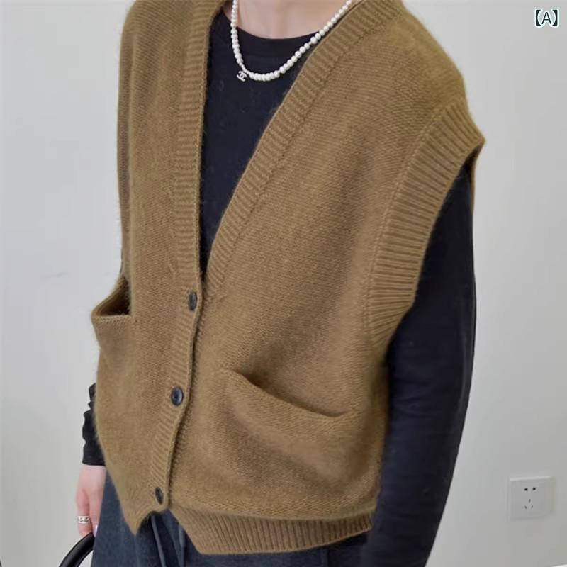 ニットベスト レディース 秋冬 ウール調 開襟 Vネック ノースリーブ ゆったり ゆるシルエット 着回し 無地 カジュアル 通勤 オフィス エレガント きれいめ おしゃれ フロントボタン
