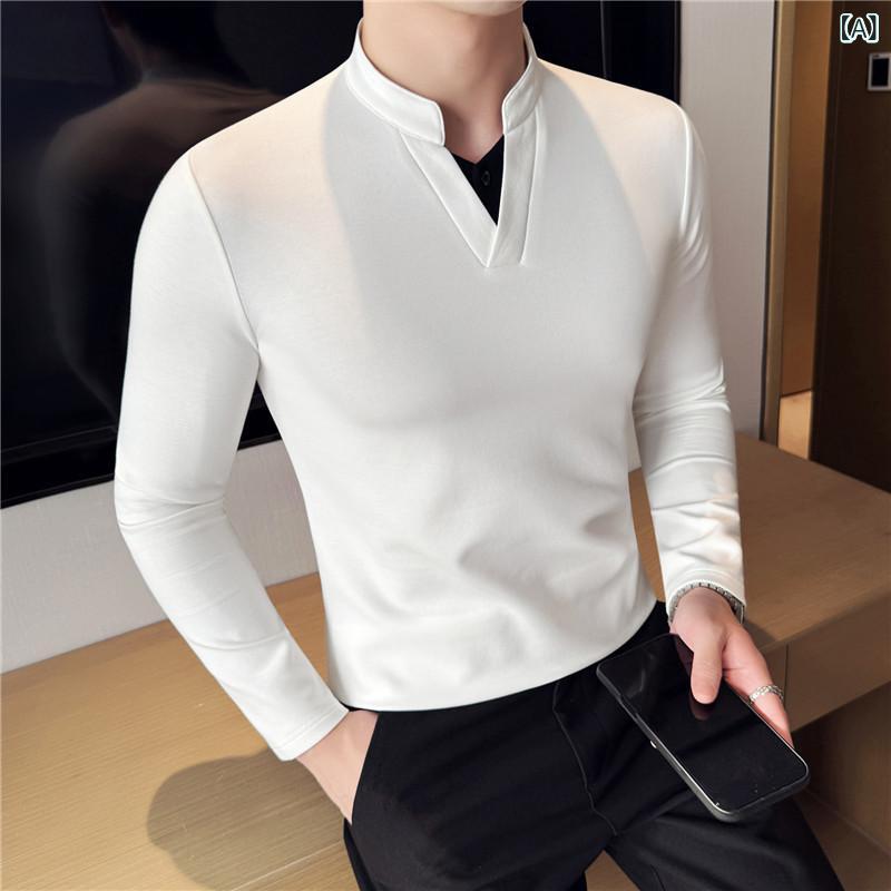 Tシャツ メンズ 男性用 フェイクレイヤード 重ね着風 長袖 Vネック スリムフィット 細身 シンプル ベーシック 綿混 コットンブレンド 伸縮性 吸湿速乾 普段着 カジュアル 春秋 カットソー