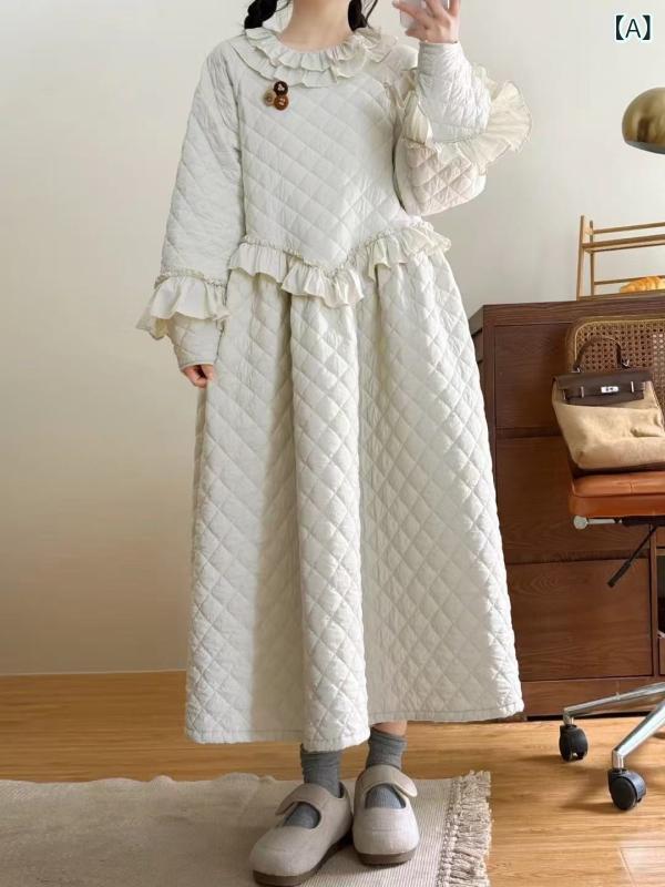 ワンピース レディース 日系 森ガール 菱形柄 キルティング レース切り替え フリル 中綿入り コットン ゆったり Aライン フレア 着回し 普段使い 秋冬