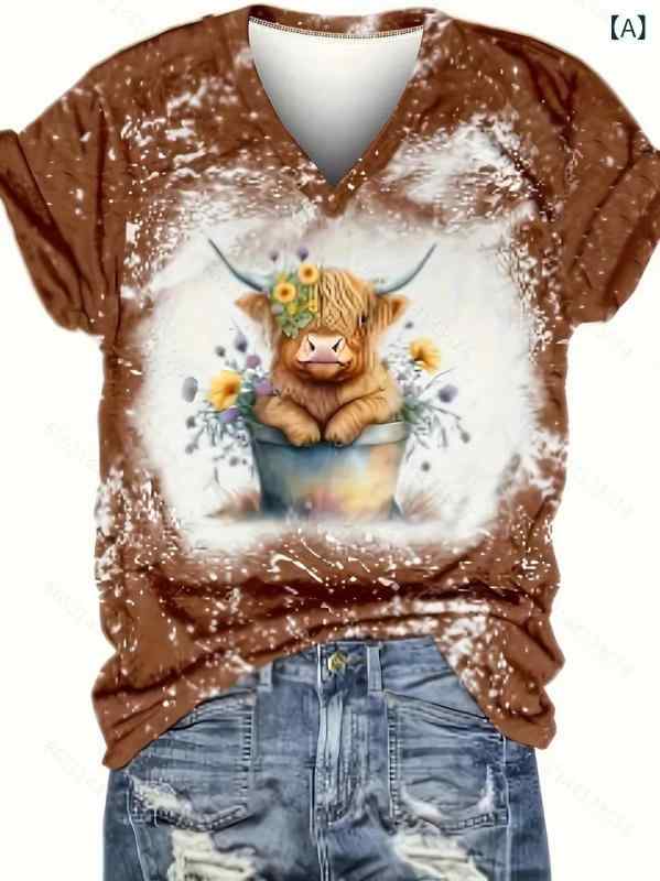 Tシャツ レディース Vネック 半袖 抽象アート 3Dプリント マルチカラー 再生繊維 カジュアル トップス 春夏