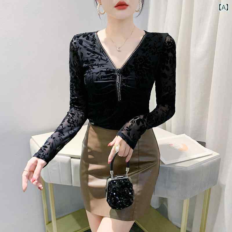 カットソー レディース 秋冬 丸首 長袖 スリムフィット フロッキープリント 花柄 ラインストーン メッシュ 透かし編み フリル袖 裾スタイルアップ おしゃれ エレガント きれいめ 通勤 オフィス ポリエステル ポリウレタン