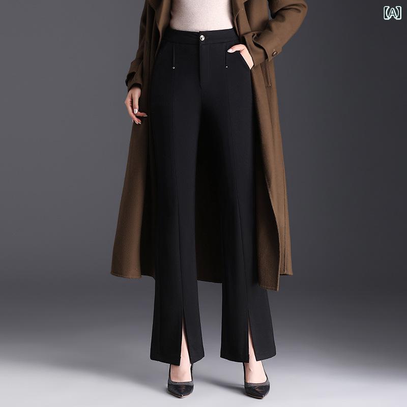 パンツ レディース 秋冬 ハイウエスト スリット セミフレア フレア ロング丈 着痩せ 美脚 ドレープ感 落ち感 オフィス 通勤 デイリー ブラック 黒 ポリエステル