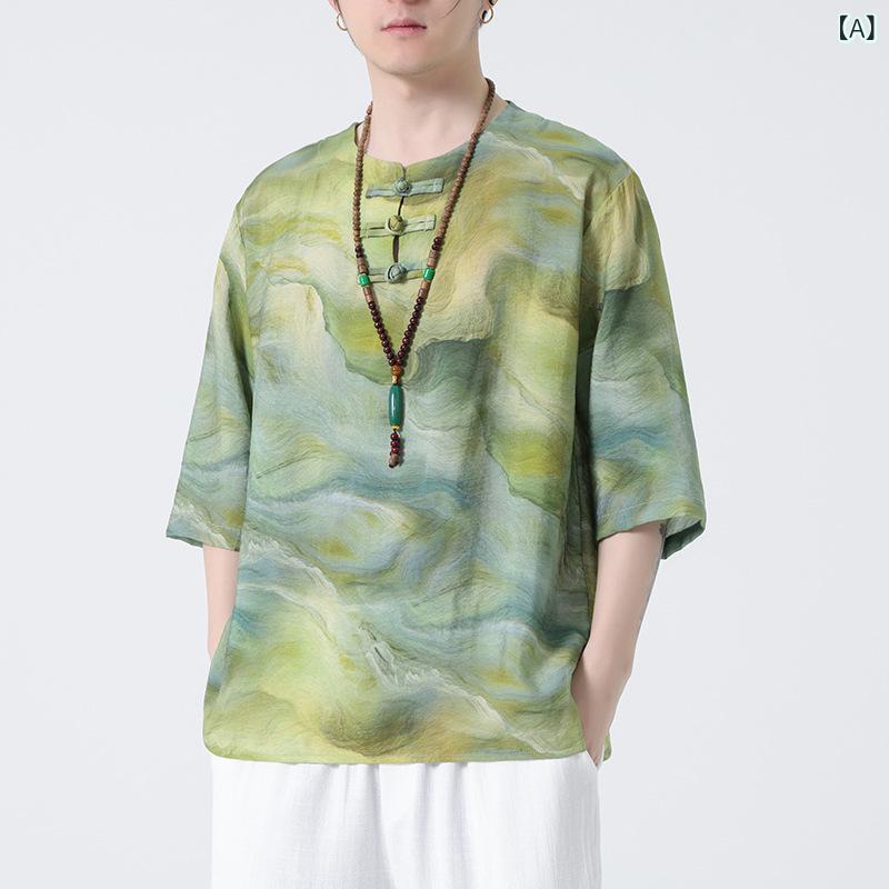 Tシャツ メンズ 中華風 半袖 薄手 接触冷感 速乾 漢服 唐装 レトロ ゆったり リラックスフィット ラウンドネック トップス カジュアル 普段使い 春夏