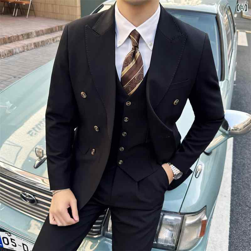 スーツ 男性用 ダブルブレスト ビジネス カジュアル スリーピース スリムフィット フォーマル 結婚式 通勤 オフィス ピークドラペル センターベント 化繊混紡 春秋|ラ・グラーヌ