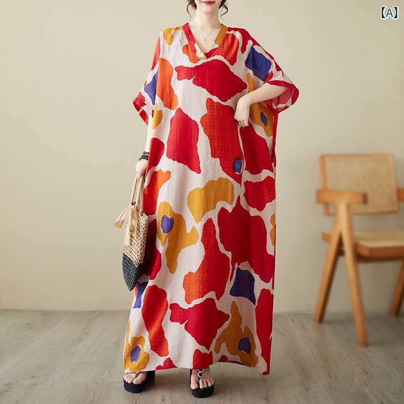 ワンピース レディース 春夏 Vネック 薄手 綿麻 ゆったり 大きいサイズ ビッグシルエット リラックス ロング丈 マキシ丈 体型カバー リゾート カジュアル ナチュラル 普段使い 4,465円