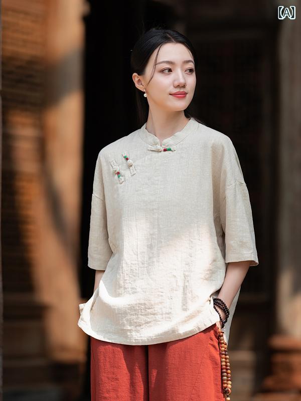 Tシャツ レディース 春夏 オリジナル 和風 レトロ スタンドカラー チャイナボタン 半袖 ゆったり ビッグシルエット ラミー 砂洗い加工 プルオーバー 綿麻 トップス カジュアル 普段使い 涼しい