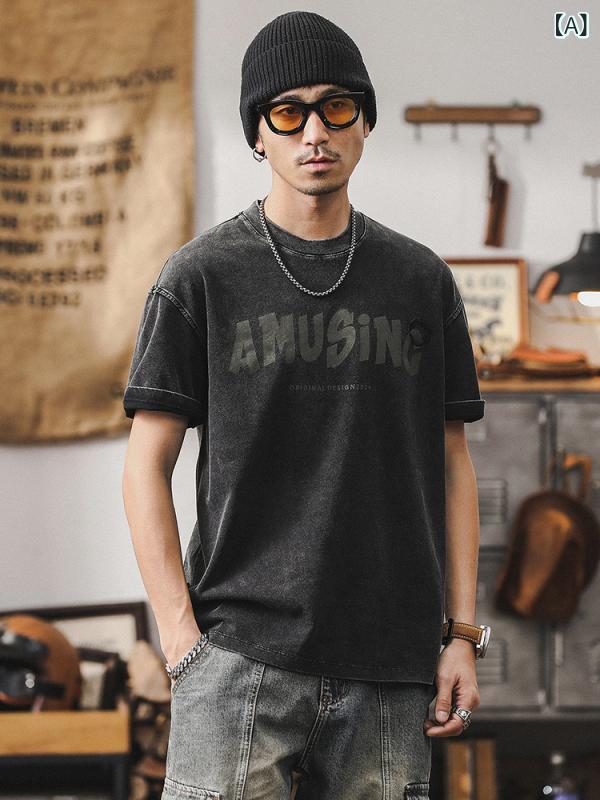 Tシャツ メンズ 男性用 アメリカン 厚手 綿 コーマコットン 半袖 クルーネック ゆったり ビッグシルエット レトロ トレンド カジュアル スポーツ 普段着 アウトドア ロゴプリント 抗菌 春夏 ブラック