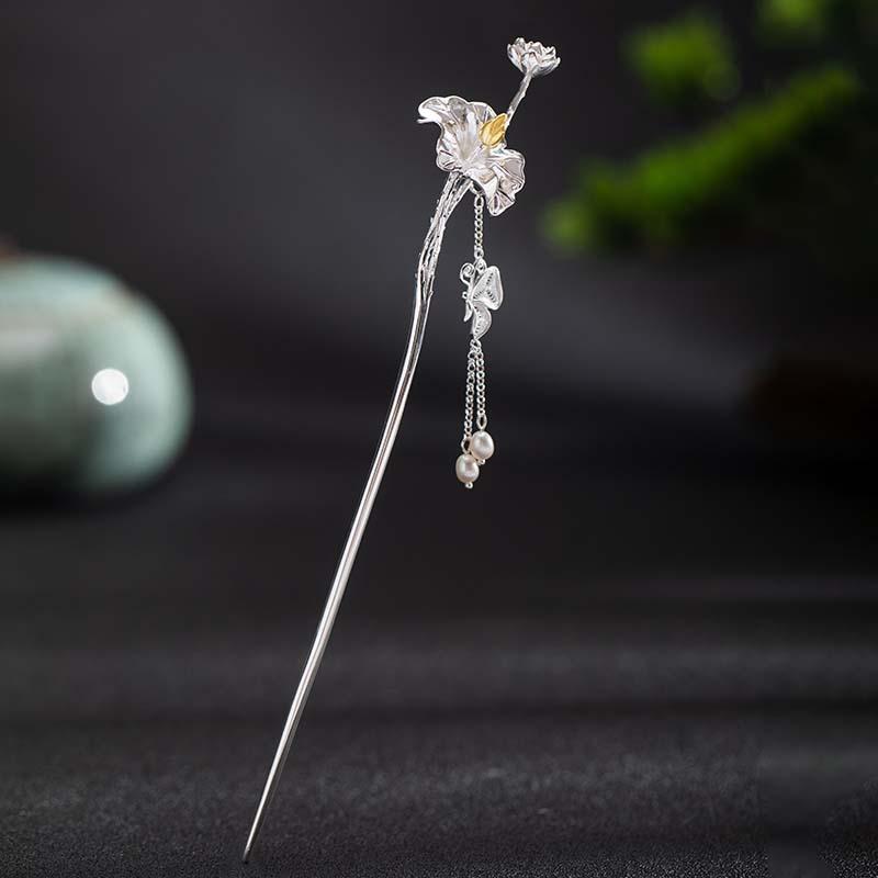 簪 925しろがね色 事あたらしい絵図面 レトロ大時代 瀬戸もの風 蓮の葉 蓮の花 楽想 ゆらゆら 歩揺かんざし 和装小物 髪飾り付け 成年者式 華燭の典 出来事 寄り合い フォーマル 膨れ上がる髪の毛 ジュエリー・アクセサリー用品-その他