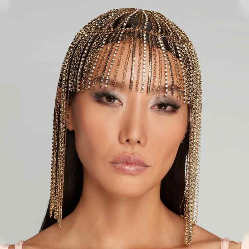 ヘアアクセサリー レディース 女性用 欧米風 高級感 フリンジ ラインストーン チェーン ヘアチェーン 個性的 ファッション小物 ゴールド シルバー 秋冬 パーティー お呼ばれ 結婚式 上品 華やか 電気メッキ