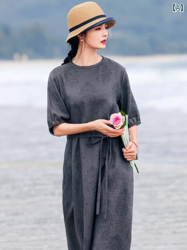 衣装 夏 うす暗い薄墨色 リネン 麻 レトロ エスニック 焼花 フラウンス シュロの葉 A伝達ルート midi丈 五分袖 ラウンド素っ首 ゆったり 飛び切り感 窈窕たる 窈窕たる 着痩せ 一枚着