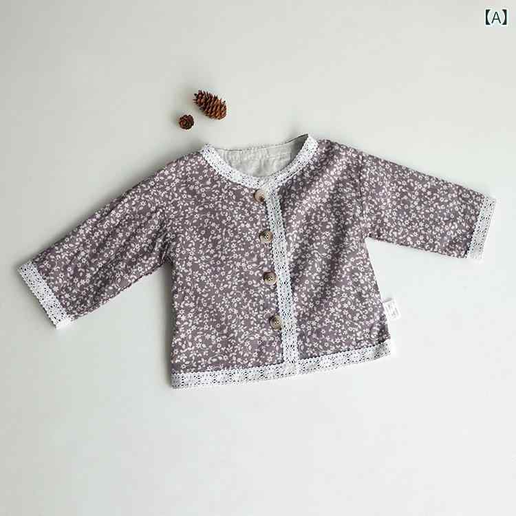 カーディガン 女の子 ベビー キッズ 子供服 韓国ファッション レトロ 花柄 総柄 レース フリル 丸襟 長袖 ソフトタッチ 綿 秋 ショート丈 前開き パープル系