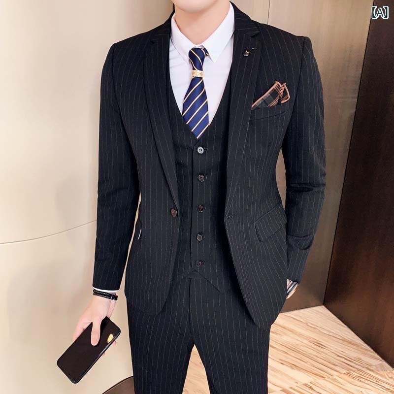 スーツ メンズ 秋冬 スリーピース ビジネス 結婚式 ウェディング フォーマル パーティー オフィス カジュアル スリムフィット ストライプ 英国風 ノッチドラペル 化繊混紡 ブラック ダークグレー ブラウン系