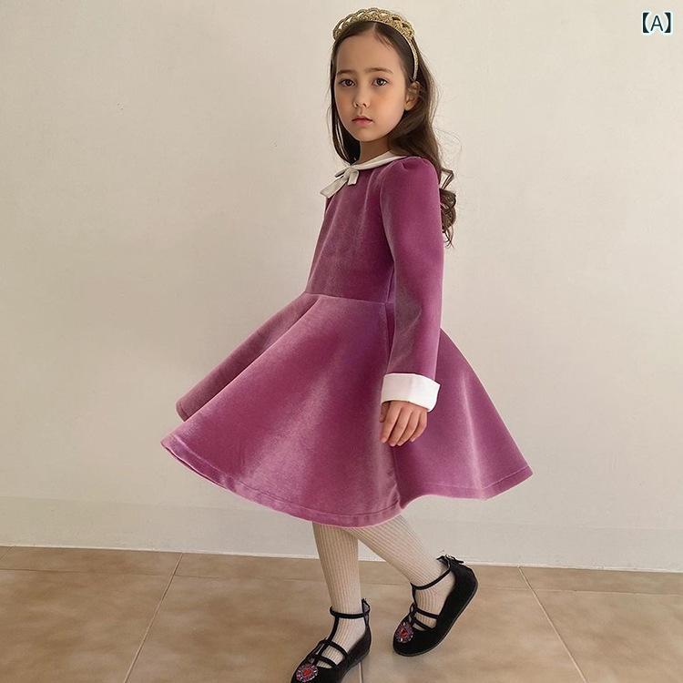 ワンピース 女の子 女児 プリンセスドレス 裏起毛 暖かい 長袖 ベルベット ベロア フレア Aライン 上品 エレガント 韓国風 レトロ お出かけ フォーマル 結婚式 発表会 誕生日 パーティー 秋冬 防寒