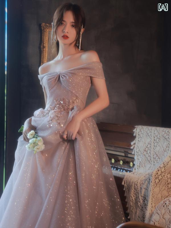 イブニングドレス レディース 秋冬 ピンク オフショルダー ロング丈 デザイン エレガント 上品 ビスチェ風 結婚式 披露宴 二次会 お呼ばれ パーティー 誕生日会 発表会 演奏会 謝恩会 フォーマル ブライズメイド