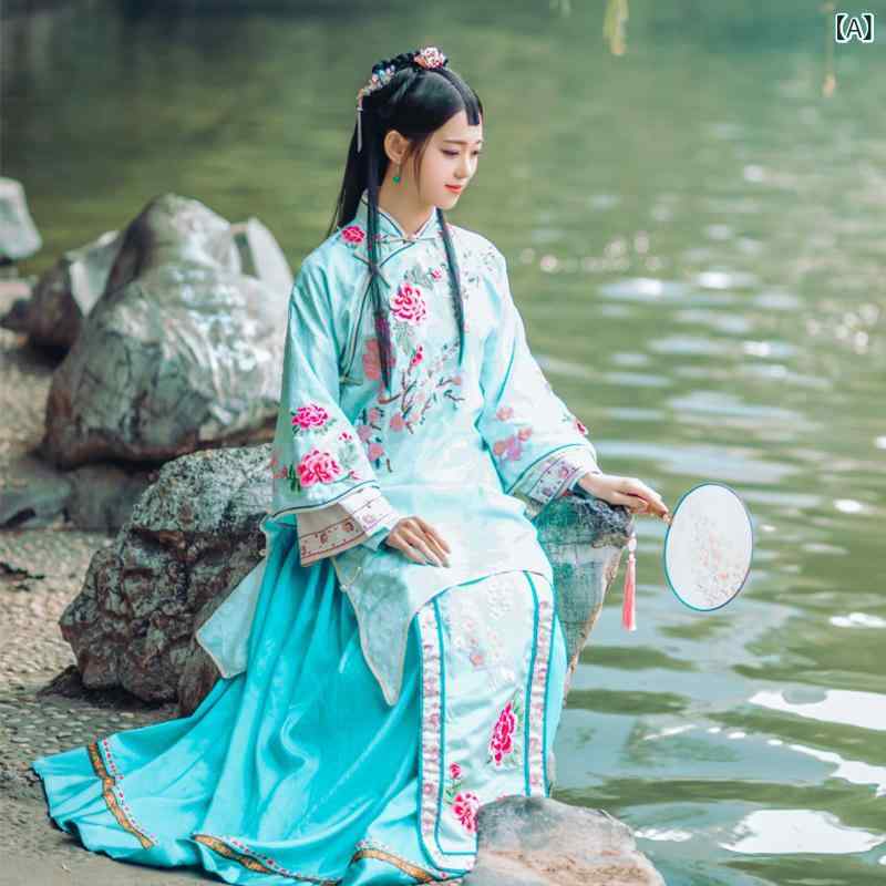 漢服 レディース 秀禾服 伝統的 時代衣装 中華民国風 プリンセス お嬢様 ドレス 写真撮影 フォト ウェディング コスプレ イベント パーティー 綿 ポリエステル ライトブルー 花柄プリント リボン｜ラ・グラーヌ