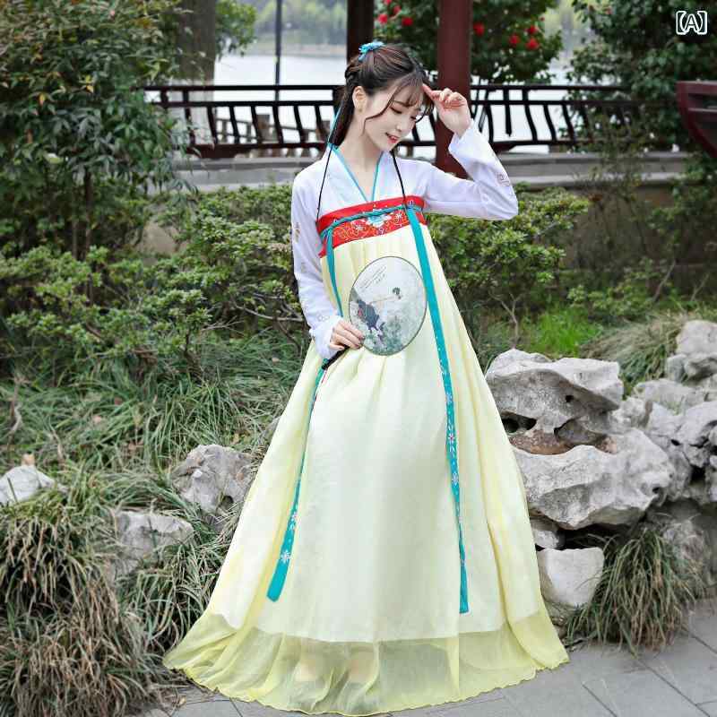 漢服 レディース 女性用 彼岸花デザイン 中国風 明代様式 斉胸襦裙 ロングドレス プリンセス 伝統衣装 エレガント 優雅 成人式 舞台衣装 パーティー 秋冬 麻 アセテート イエロー