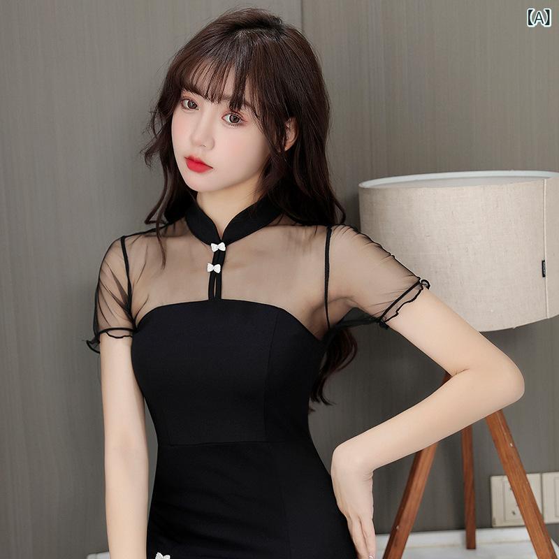 ワンピース レディース ブラック セクシー ナイトワーク キャバクラ ラウンジ エステ マッサージ サウナ フットケア 施術着 ユニフォーム 半袖 スタンドカラー 吸湿速乾 ポリエステル