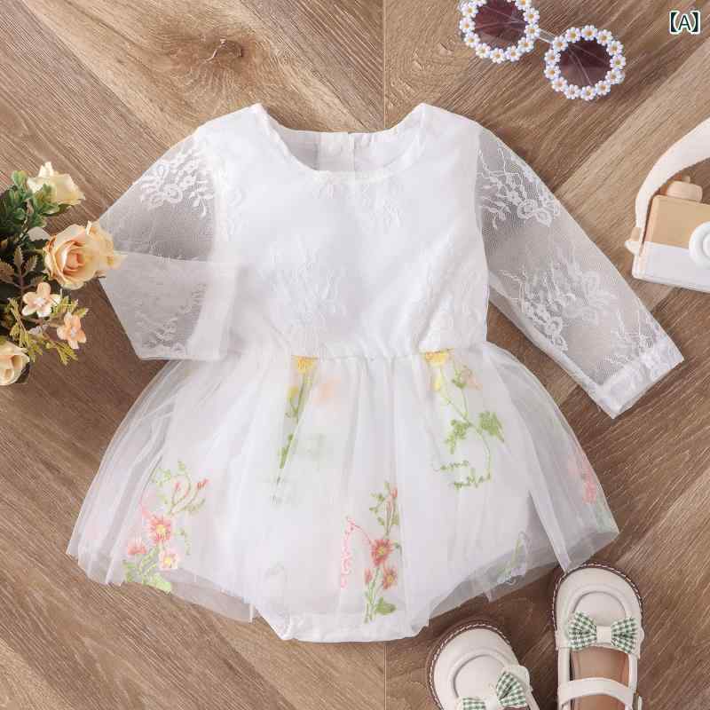 ロンパース 女の子 ベビー 幼児 1歳 2歳 3歳向け 秋冬 長袖 レース 切り替え 刺繍 チュールスカート 股開き プルオーバー ポリエステル ドレス風 上品 かわいい お出かけ フォーマル ホワイト ピンク グリーン