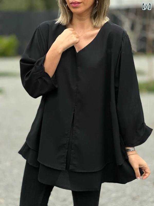ワンピース レディース 女性用 Vネック 無地 Aライン ミニ丈 9分袖 ゆったり カジュアル きれいめ 通勤 普段使い ポリエステル プルオーバー フェミニン 秋冬