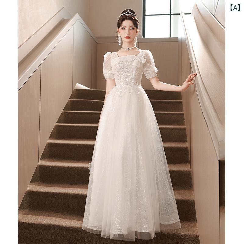 ドレス レディース 礼服 ロングワンピース 芸術系 声楽発表会 ステージ衣装 宴会 結婚式 披露宴 司会 成人式 ロング丈 マキシ丈 ハイウエスト Aライン 五分袖 ホワイト エレガント 上品 清楚 華やか 春夏
