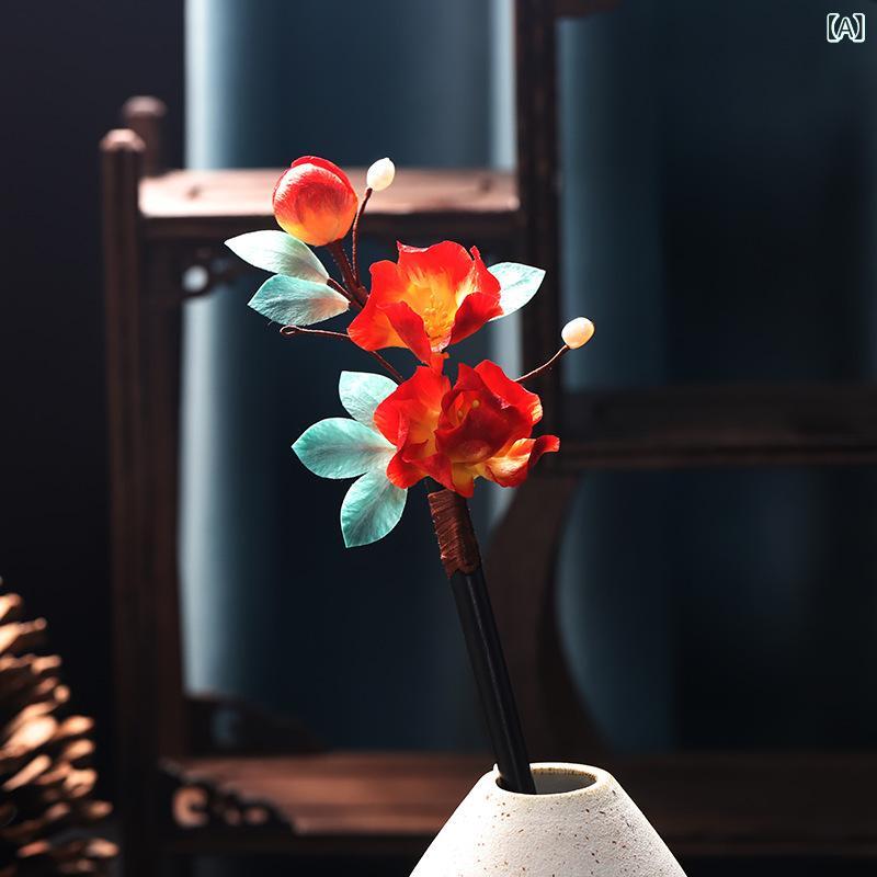 髪飾り 手作り 伝統工芸 蚕糸ベルベット 花モチーフ オレンジイエロー グラデーション 白檀 かんざし 古風 レトロ 中華風 和装 洋装 上品 華やか ヘアアクセサリー