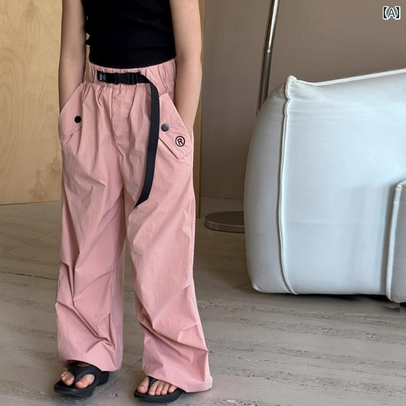 キッズ ガールズ 夏用 ロングパンツ 薄手 速乾 アウトドア カーゴ ゆったり ワイド ゴムウエスト ジュニア カジュアル 韓国ファッション ソフトタッチ 無地 ピンク
