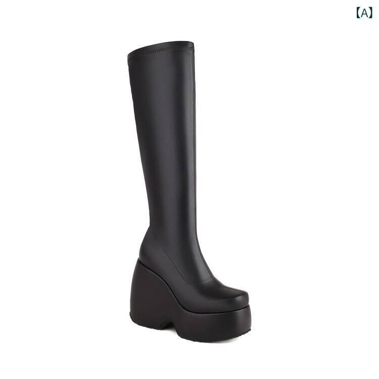 ファッションブーツ レディース 女性用 ロング丈 厚底 ウェッジソール スクエアトゥ 12cmヒール 脚長効果 スタイルアップ 無地 合成皮革 フェイクレザー ラバーソール 裏地付き カジュアル 秋冬 黒 白 茶色 欧米風