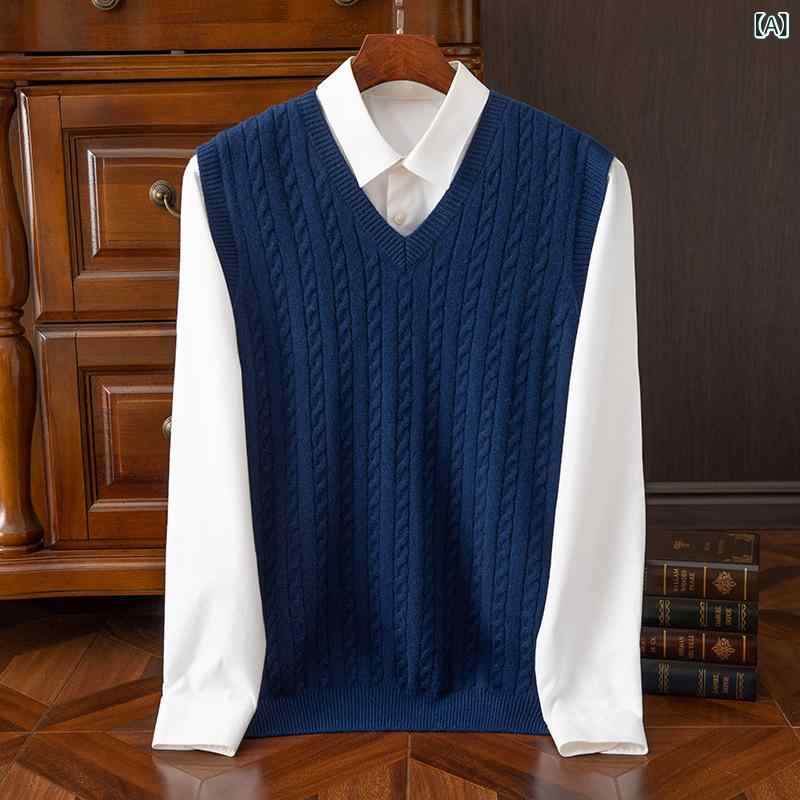 ニットベスト メンズ 男性用 Vネック ノースリーブ カシミヤ ケーブル編み アランニット 厚手 ストレートシルエット ビジネス オフィス 通勤 ミドルエイジ
