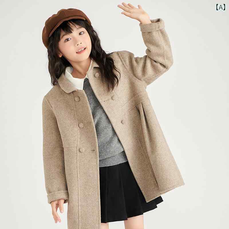 厚地の外套 キッズ 御姉さん 赤ちゃん服 御嬢さん 秋冬 羊毛 メルトン ダブル名取り草 P厚地の外套風 丸襟 真っただ中丈 朦々たる 防寒 生あたたかい 心地よい 今めかしい 雅びやか 無地