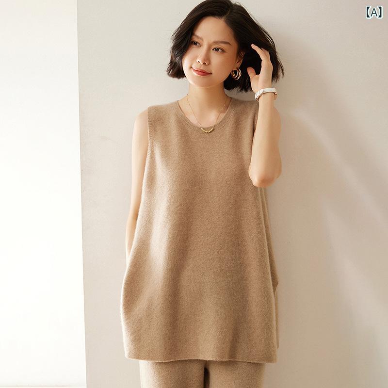 ニットベスト レディース 秋冬 カシミヤ ウール クルーネック 丸首 ゆったり ルーズフィット ミドル丈 チュニック丈 細見え スタイルアップ 上品 エレガント 高級感 普段使い 通勤 オフィス 着回し ジレ|ラ・グラーヌ