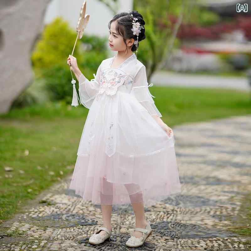 キッズ 女の子 ワンピース 唐装 漢服 民族衣装 プリンセス お姫様風 半袖 チュールスカート 花柄 ソフトタッチ ポリエステル 夏 サマー 普段使い イベント