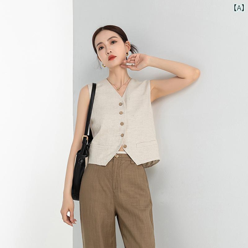 ベスト レディース ショート丈 Vネック レトロ クラシック 上品 夏 テンセル麻 リネン 着痩せ スリムフィット 通勤 オフィス お出かけ ジレ 小柄 低身長 ナチュラルカラー 無地 開襟 シングルブレスト 多ボタン