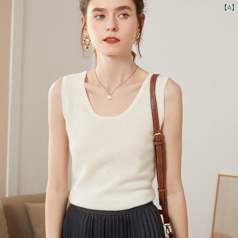 トップス レディース 女性用 秋冬 カシミヤ ニット インナー スリムフィット 保温 あったか 伸縮性 ノースリーブ キャミソール タンクトップ 幅広ストラップ オフィス 通勤 きれいめ