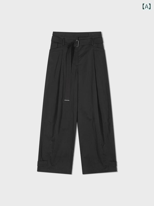 パンツ レディース LOW CLASIC 春 無地 ウエスト調節 ストレート ワイド コットンナイロン 中厚手 通勤 デイリー カジュアル ロングパンツ チャコールグレー アイボリー