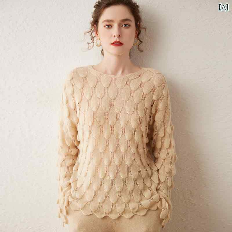 ニット レディース カシミヤ 高品質 プルオーバー ラウンドネック 長袖 ゆったり ルーズフィット 透かし編み 厚手 リラックス 上品 エレガント 通勤 オフィス 普段使い 着回し 秋冬 サクラピンク パールホワイト グリーン