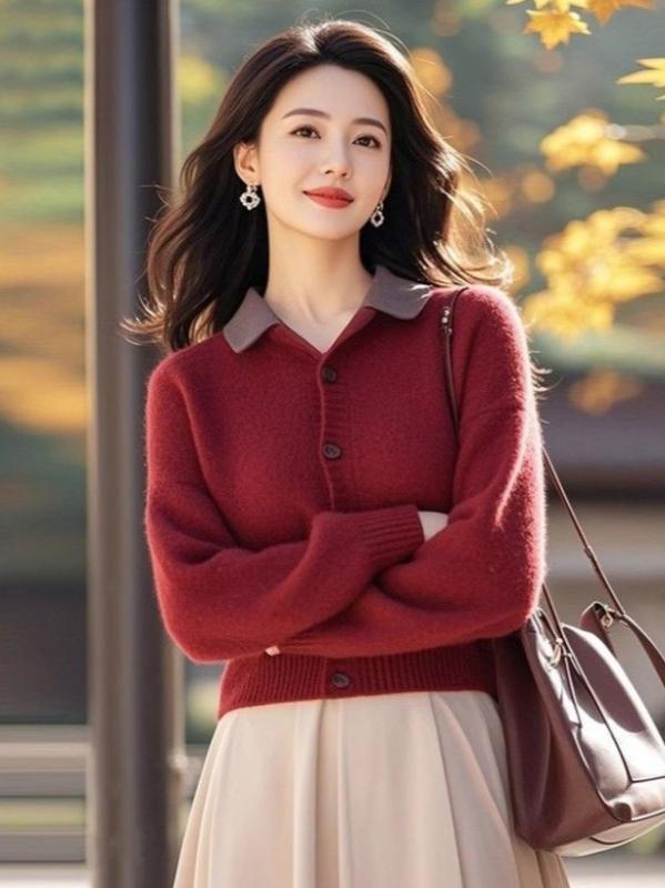 ニットカーディガン レディース ポロ襟 秋冬 大人カジュアル きれいめカジュアル 着痩せ トップス ゆったり オーバーサイズ 長袖 アウター 羽織り 通勤 オフィス ポリエステル ミドル丈 前開き