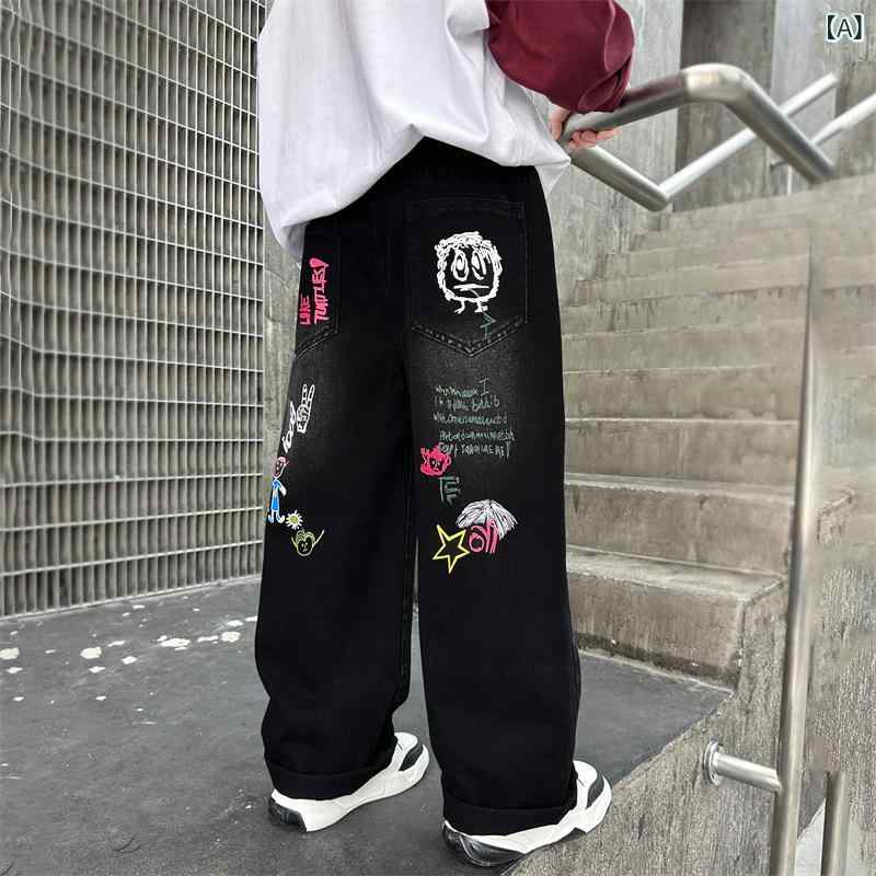 デニムパンツ キッズ 男の子 春秋 アメリカン アメカジ グラフィティプリント ストリートファッション ルーズ ストレート ワイド ロングパンツ ゴムウエスト カジュアル 普段使い